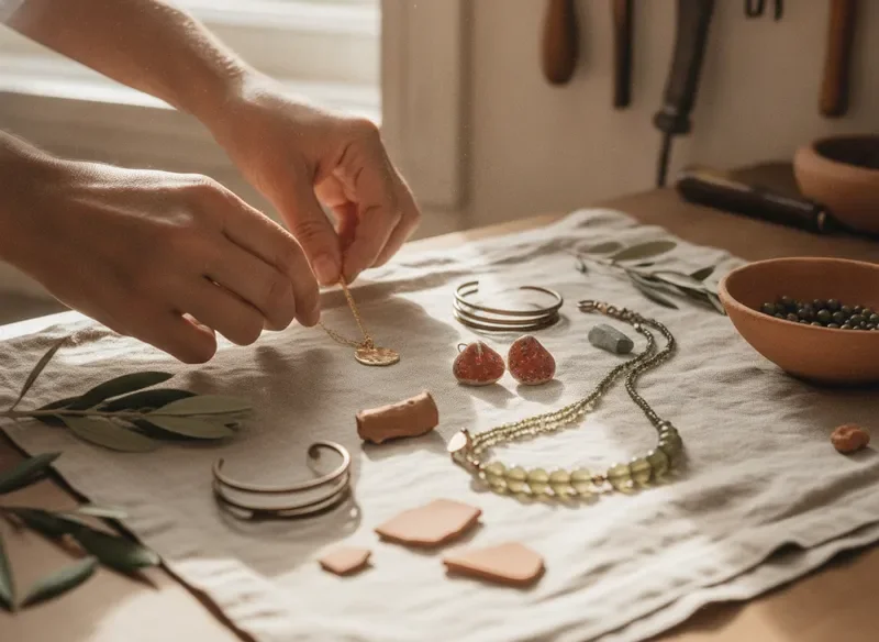 Artisan hands arranging handmade jewellery on linen