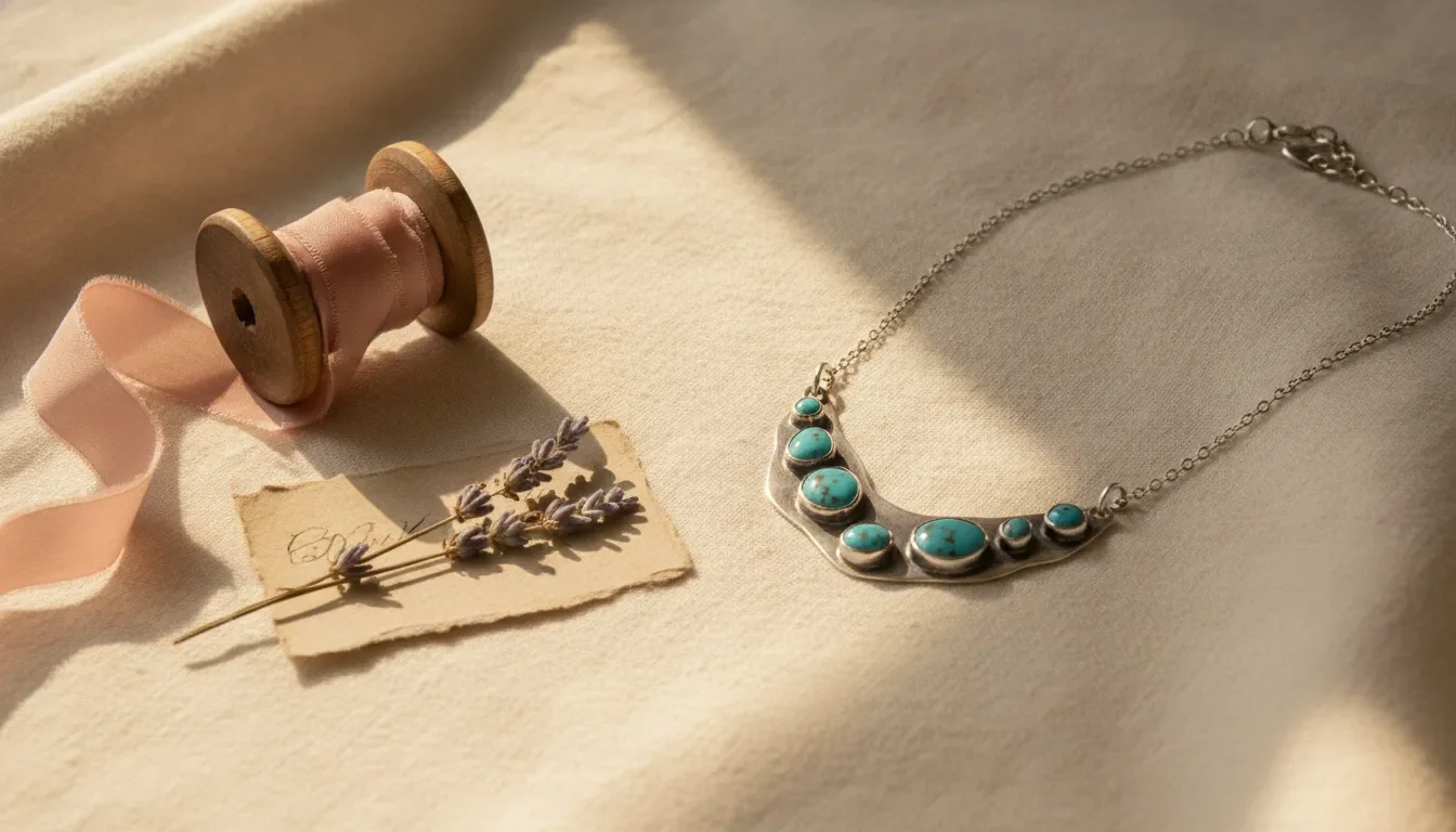 Handcrafted necklace on linen with ribbon and lavender, evoking a thoughtful gift