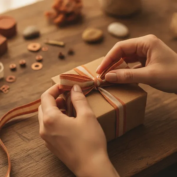 Hands wrapping a gift box with linen ribbon