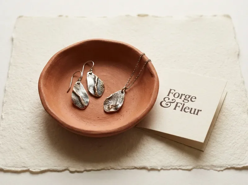 Artisan earrings and necklace resting on a ceramic tray with handmade paper