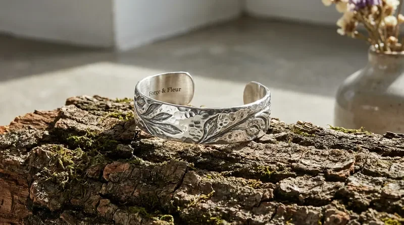 Macro detail of a textured silver cuff bracelet on tree bark