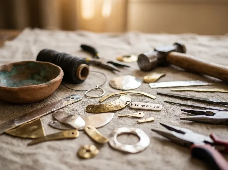 Artisan tools and unfinished handmade jewellery pieces on linen