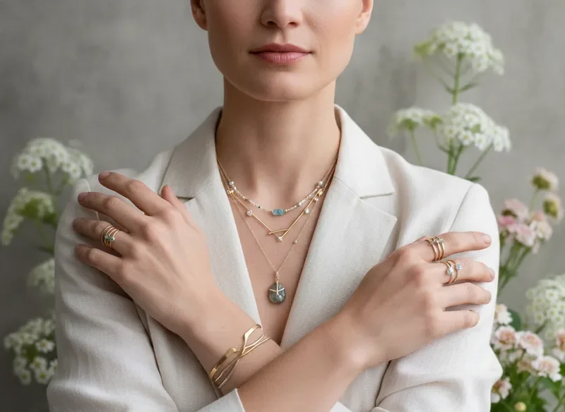 Layered delicate gold and silver necklaces on a woman
