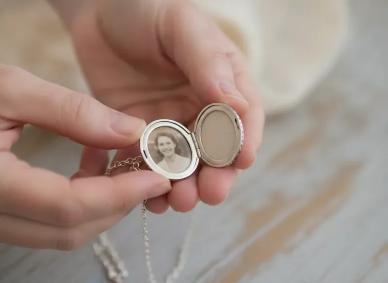 Hands holding an open silver locket with a photograph