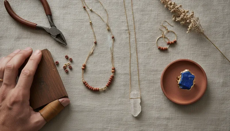 Artisan handmade jewellery pieces arranged on textured parchment paper in soft natural light