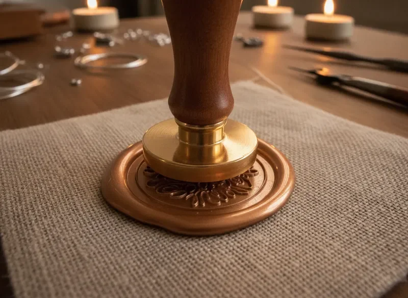 Wax seal being stamped onto linen packaging