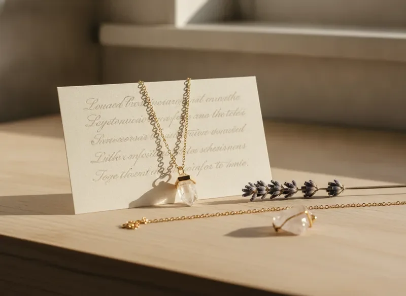 Handwritten care card with dried lavender and a gold necklace