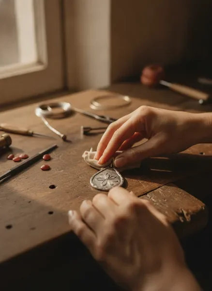 Artisan hands polishing a handcrafted silver pendant in a sunlit studio