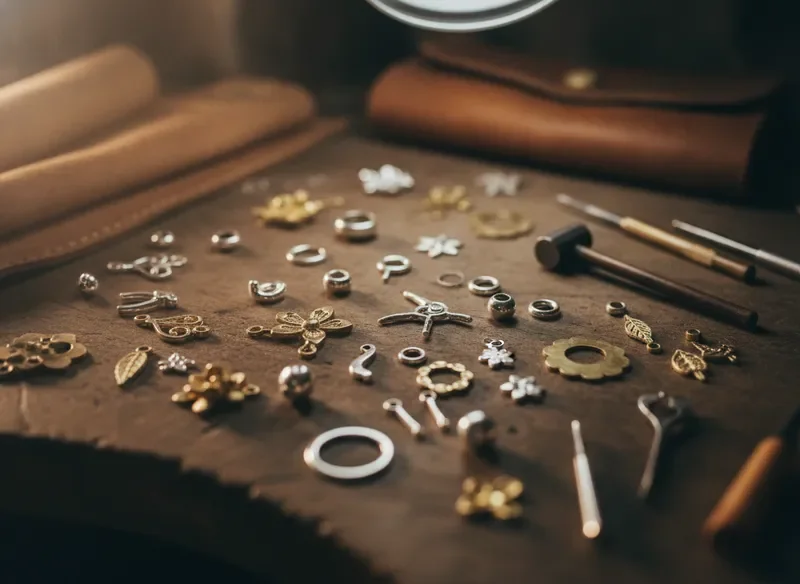 Warm metals and hand-forged sterling silver findings on a workbench