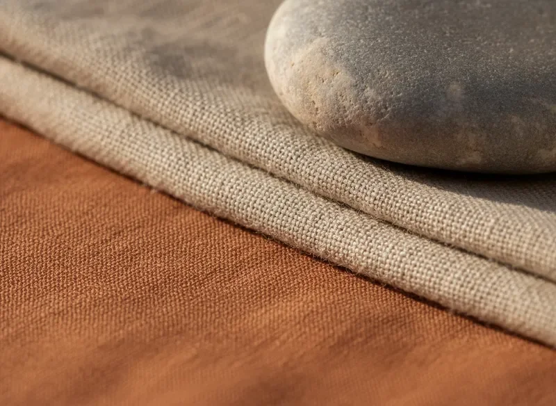 Natural textures of raw silk, linen, and smooth stone used in jewellery presentation