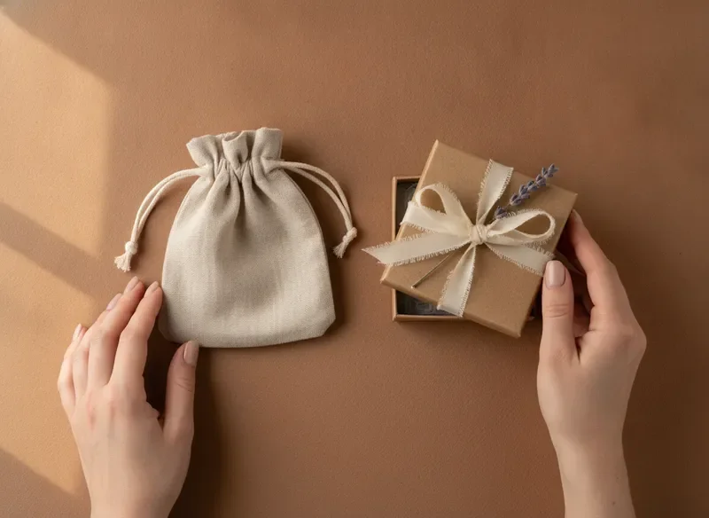 Keepsake packaging with linen pouch, hand-stamped box, and dried lavender