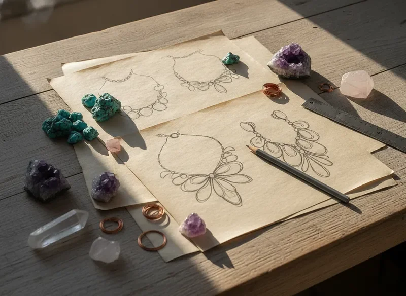 Jewellery design sketches and raw materials on a workbench