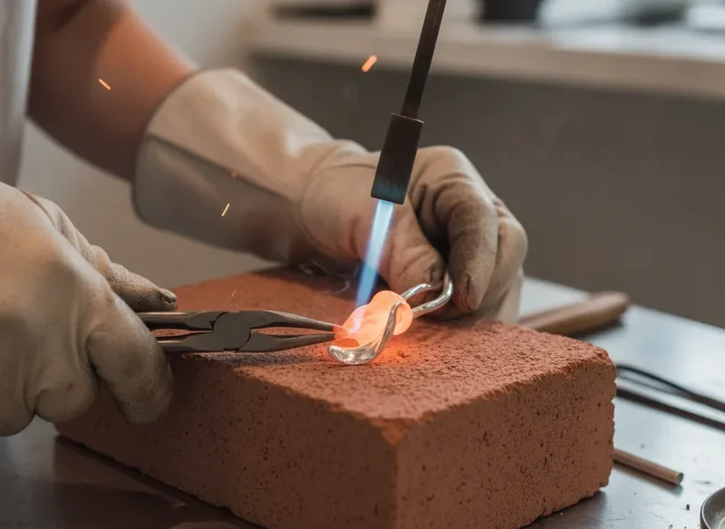 Artisan hands shaping molten silver at the workbench