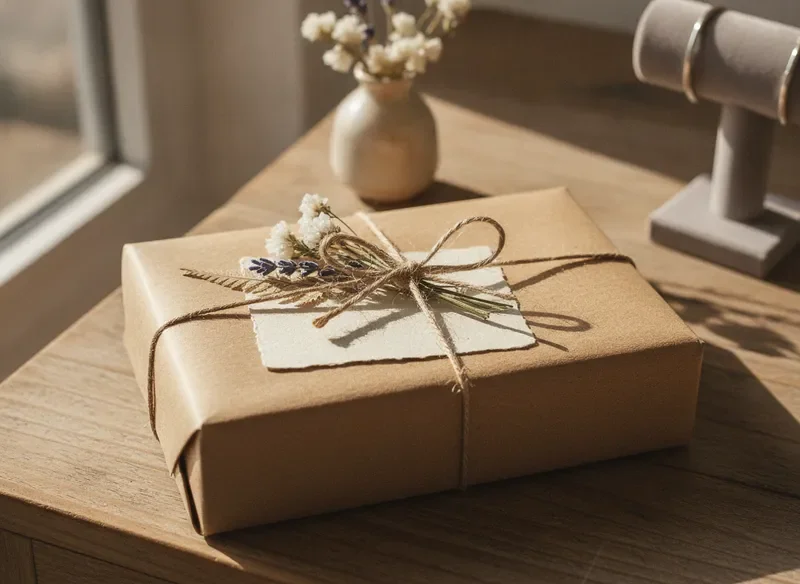 A beautifully wrapped jewellery box with dried flowers and a handwritten note
